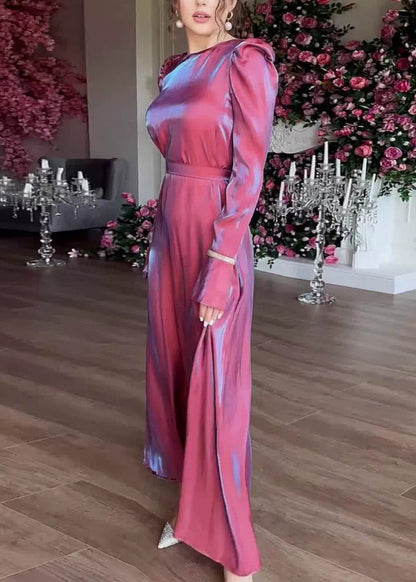 Purple O Neck Silk Maxi Dress Fall Wo050