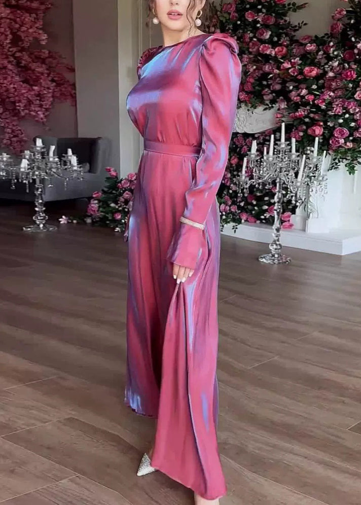Purple O Neck Silk Maxi Dress Fall Wo050