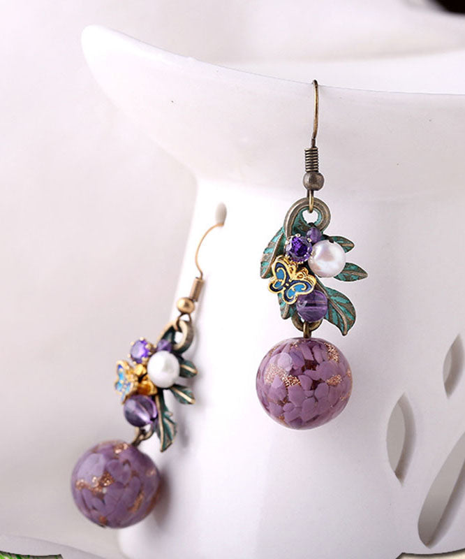 Purple Sterling Silver Zircon Jade Crystal Cloisonne Coloured Glaze Drop Earrings