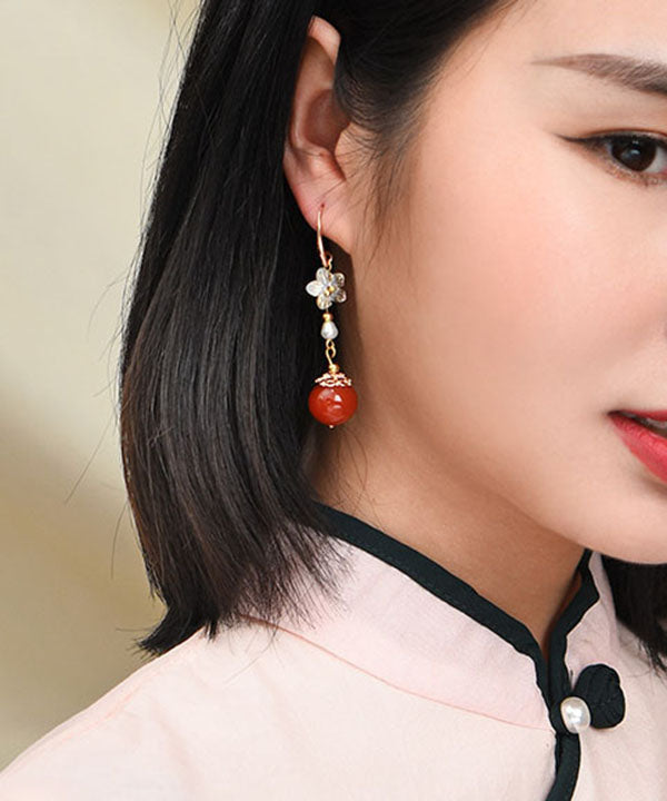 Red Agate Pearl Shell Flower Silver Drop Earrings