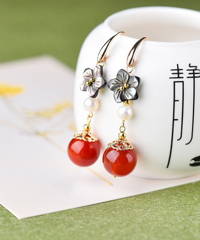 Red Agate Pearl Shell Flower Silver Drop Earrings