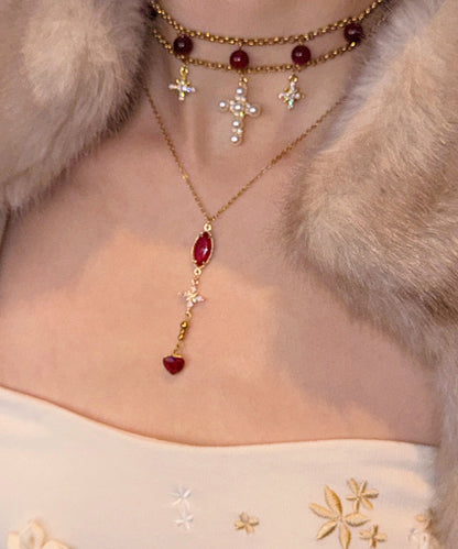 Red Cat's Eye Cross Layering Alloy Two Piece Set Pendant Necklace