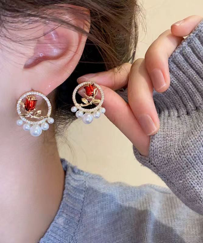Red Copper Zircon Pearl Rose Stud Earrings Kx1019