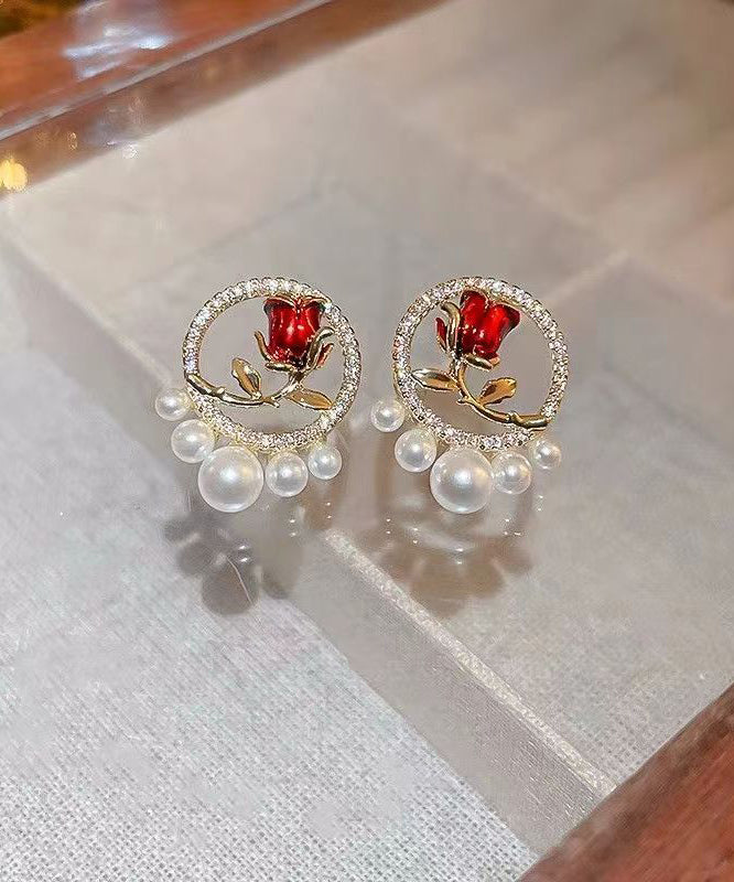 Red Copper Zircon Pearl Rose Stud Earrings Kx1019
