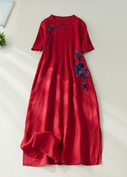Red Embroidered Side Open Long Dress Short Sleeve Vv062