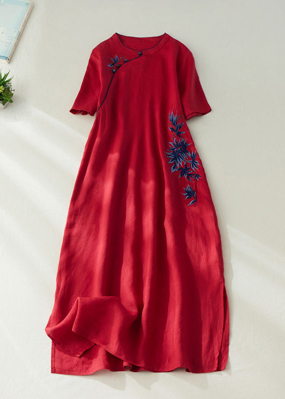 Red Embroidered Side Open Long Dress Short Sleeve Vv062