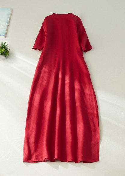 Red Embroidered Side Open Long Dress Short Sleeve Vv062