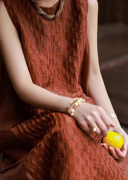 Red O Neck Patchwork Cotton Long Dresses Sleeveless Wn025