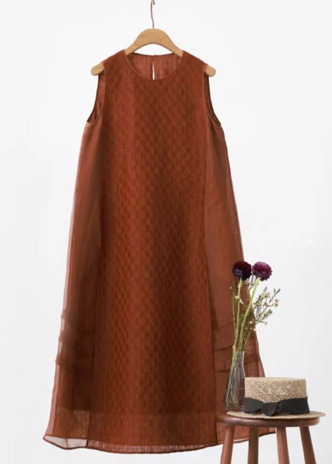 Red O Neck Patchwork Cotton Long Dresses Sleeveless Wn025