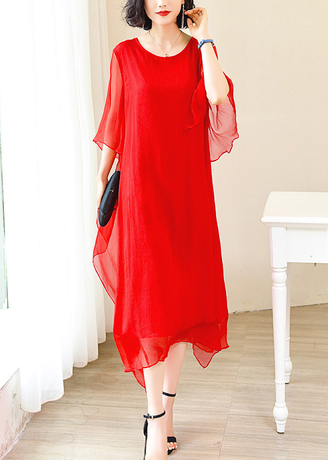 Red O-neck Ice Silk Long Dress Flare Sleeve Op1009