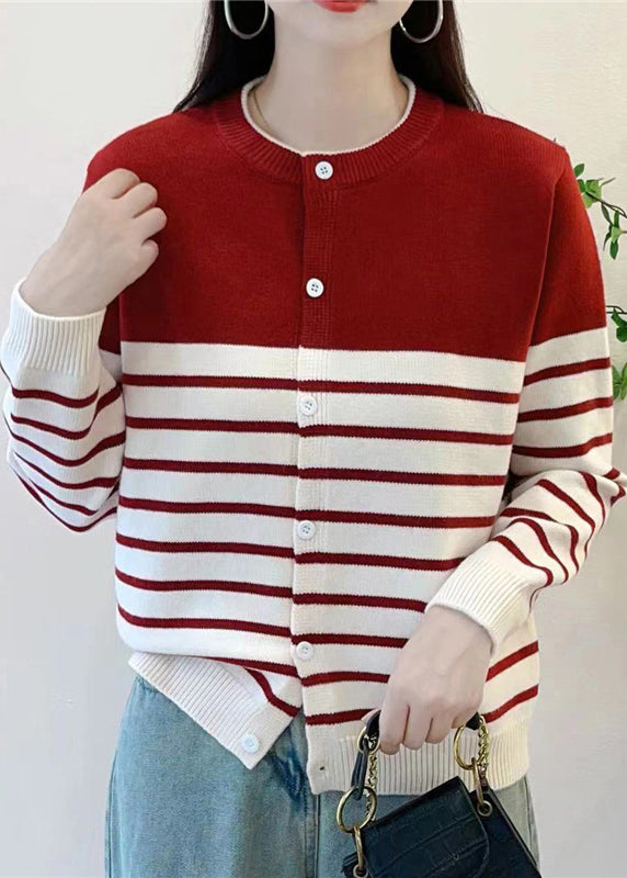 Red Striped Button Knit Cardigan Fall Qg005