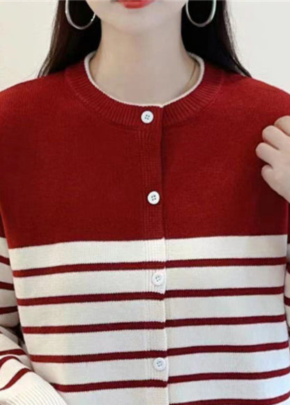 Red Striped Button Knit Cardigan Fall Qg005
