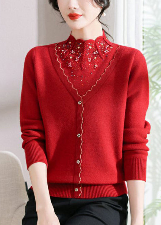 Red Zircon False Two Pieces Woolen Short Sweater Spring Tq003