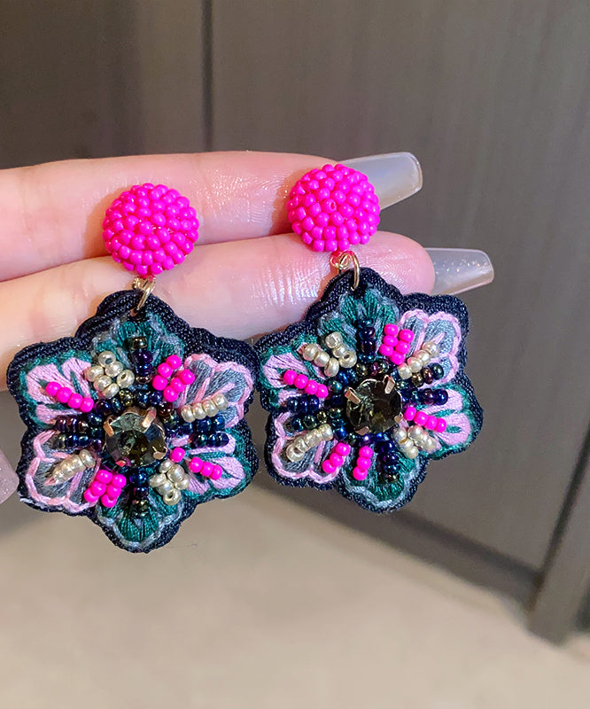 Rose Hand Woven Alloy Beads Embroidery Drop Earrings