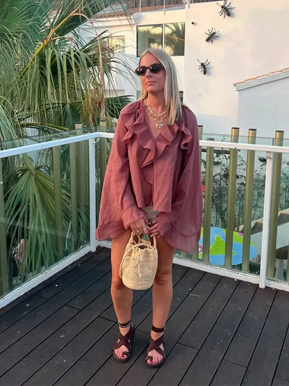 Ruffles Lace Up V Neck Gauze Blouse