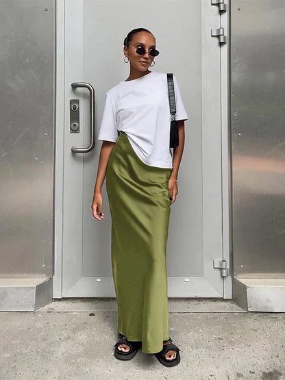 Satin Slim High Waist Office Long Trumpet Skirt