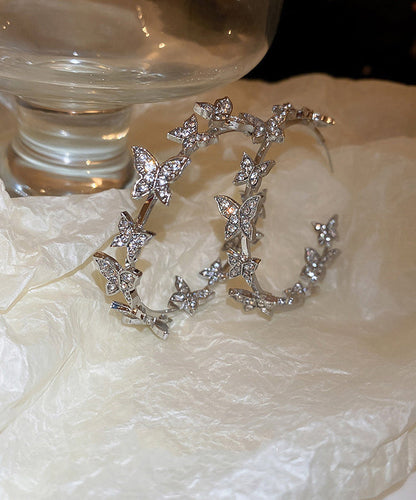 Silk Alloy Butterfly Patchwork Zircon C Shapes Hoop Earrings