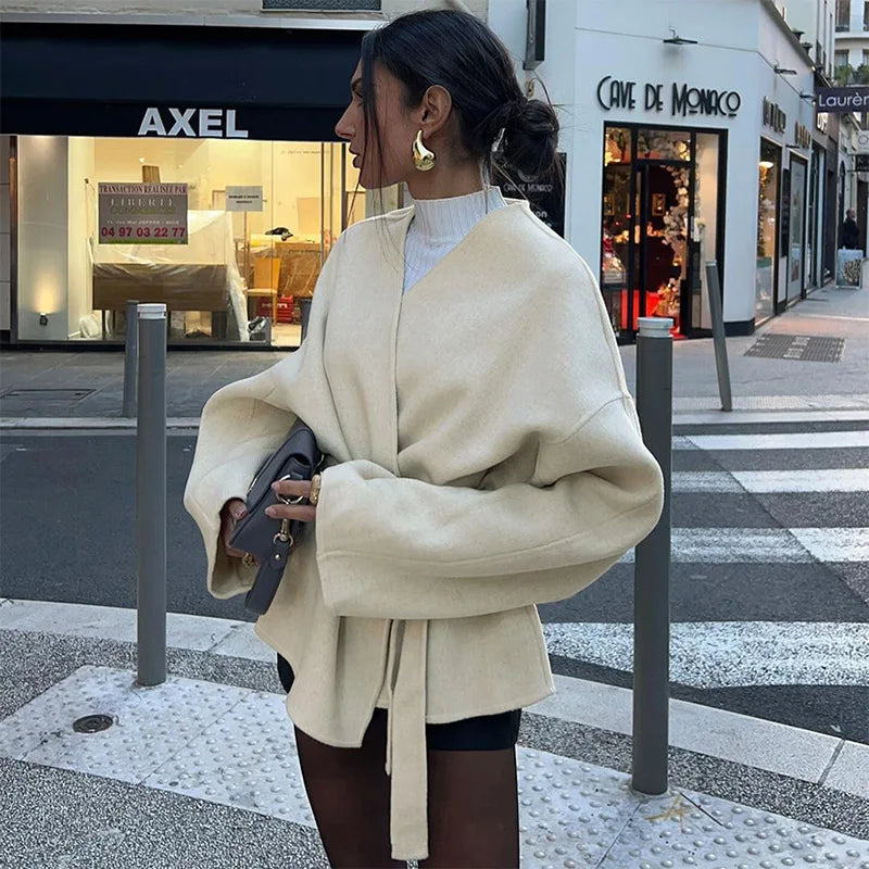 Lace Up Coat for V-neck Long Sleeve Slim Jacket Cardigan Autumn Winter Lady Outwear New in Coats