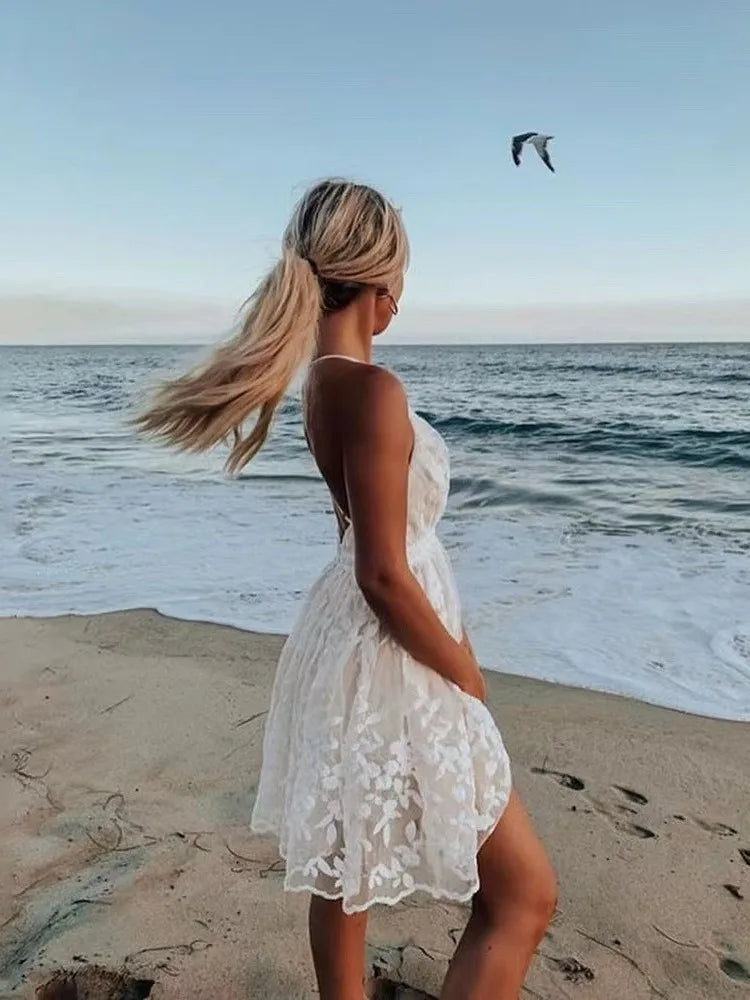 Color Leace Mesh Spaghetti Strap Dresses V-neck Backless Mini Dress Female Beach Vacation Vestidos New