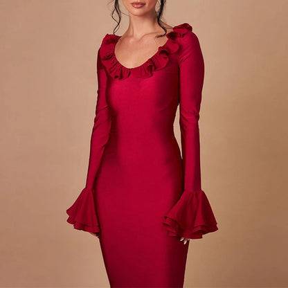 Color O Neck Flare Sleeve Lace-up Ruffles Maxi Dress