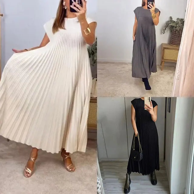 Color Pleated Dresses Temperament O Neck Folds Sleeveless Loose Long Dress Spring Summer New Vestido