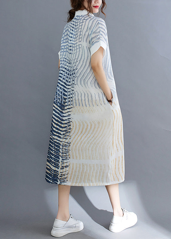 Striped Button Cotton Long Dress Short Sleeve Ac2011
