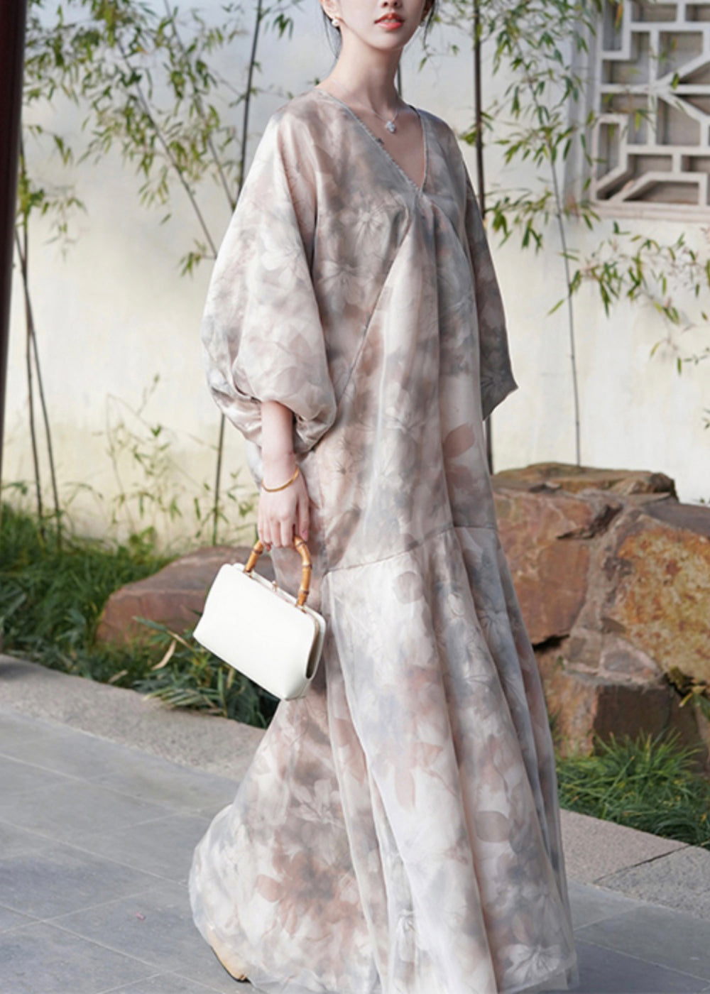 V Neck Print Patchwork Party Long Dress Spring Uu1046