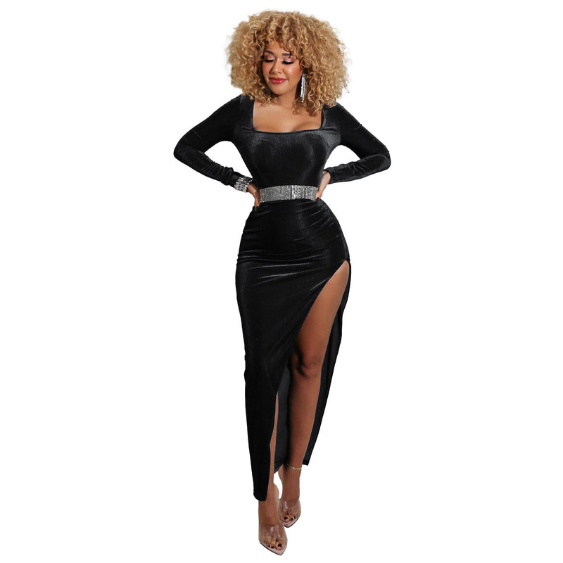 Velvet High Waist Slit Maxi Dress Long Sleeve Evening Party Dress