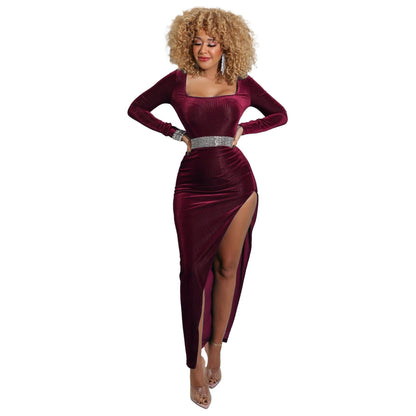 Velvet High Waist Slit Maxi Dress Long Sleeve Evening Party Dress