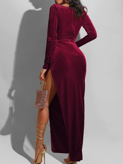 Velvet High Waist Slit Maxi Dress Long Sleeve Evening Party Dress