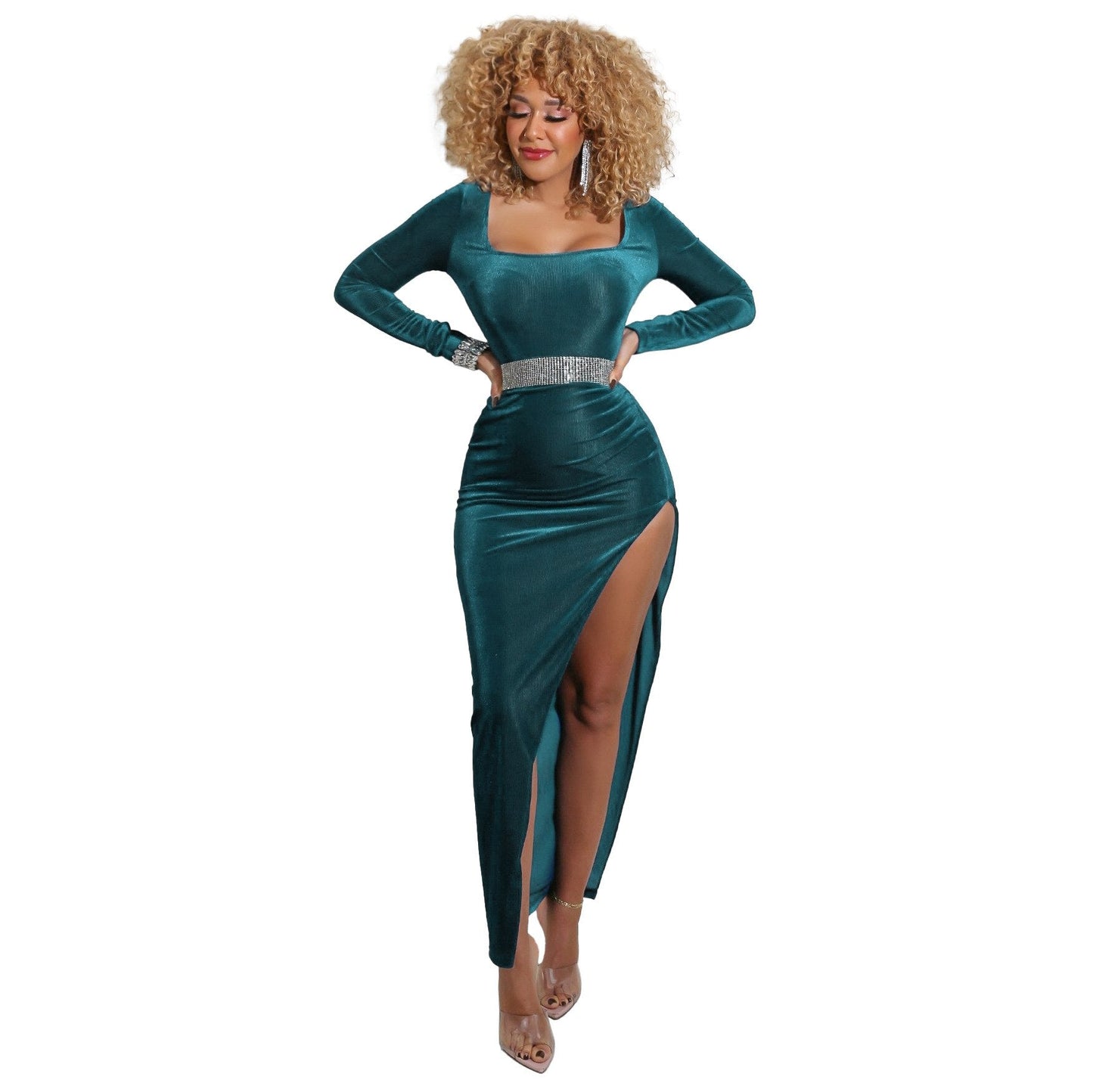 Velvet High Waist Slit Maxi Dress Long Sleeve Evening Party Dress