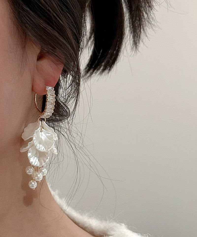 White Alloy Overgild Zircon Pearl Tassel Drop Earrings