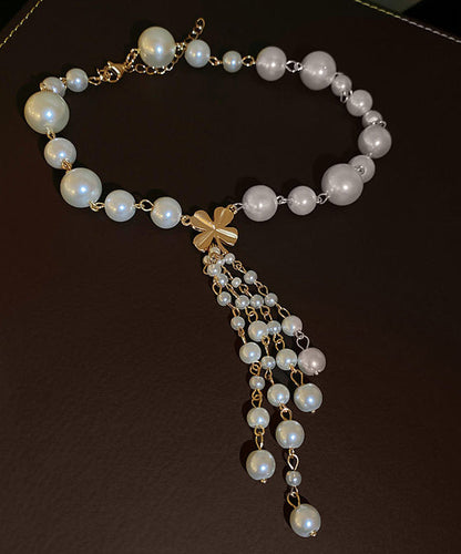 White Alloy Pearl Tassel Pendant Necklace