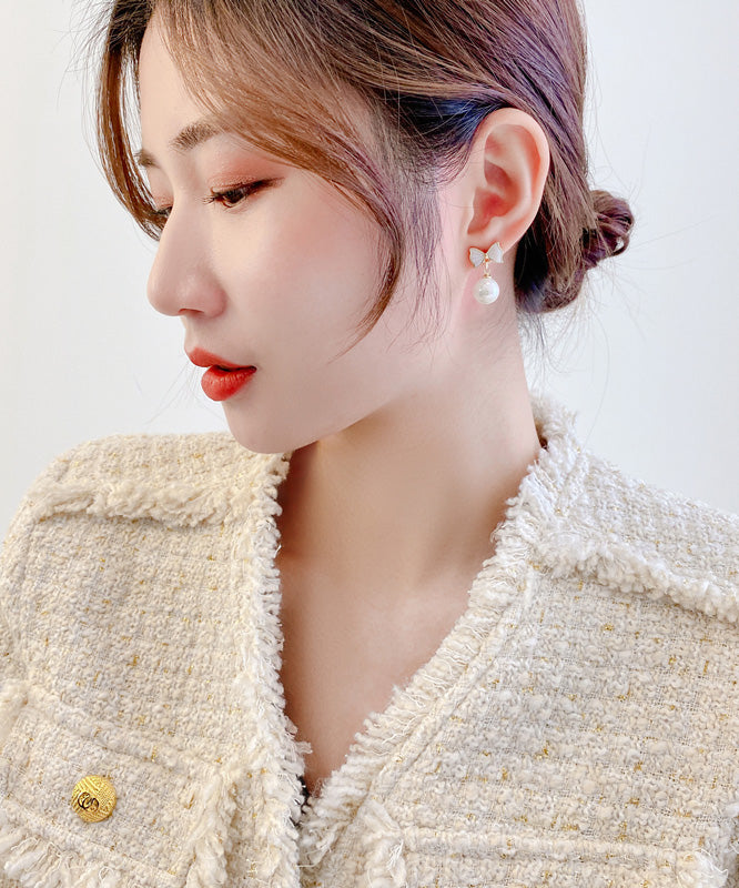 White Copper Alloy Bow Shell Pearl Drop Earrings