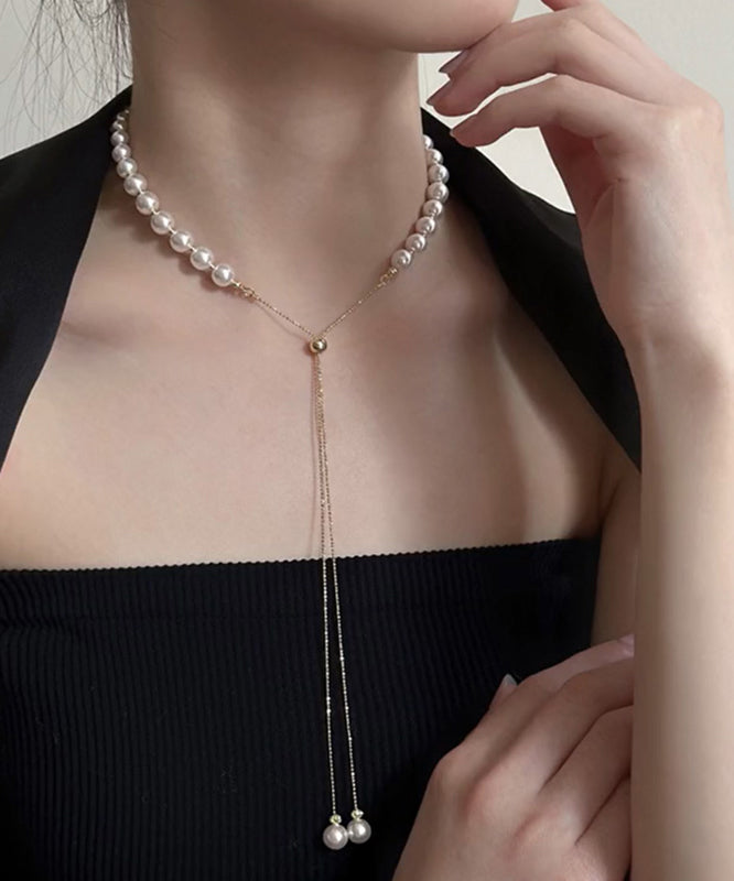 White Copper Alloy Pearl Tassel Charm Bracelet and Gratuated Bead Necklace Two Piece Set Yu014