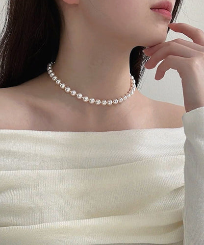 White Copper Alloy Pearl Tassel Charm Bracelet and Gratuated Bead Necklace Two Piece Set Yu014