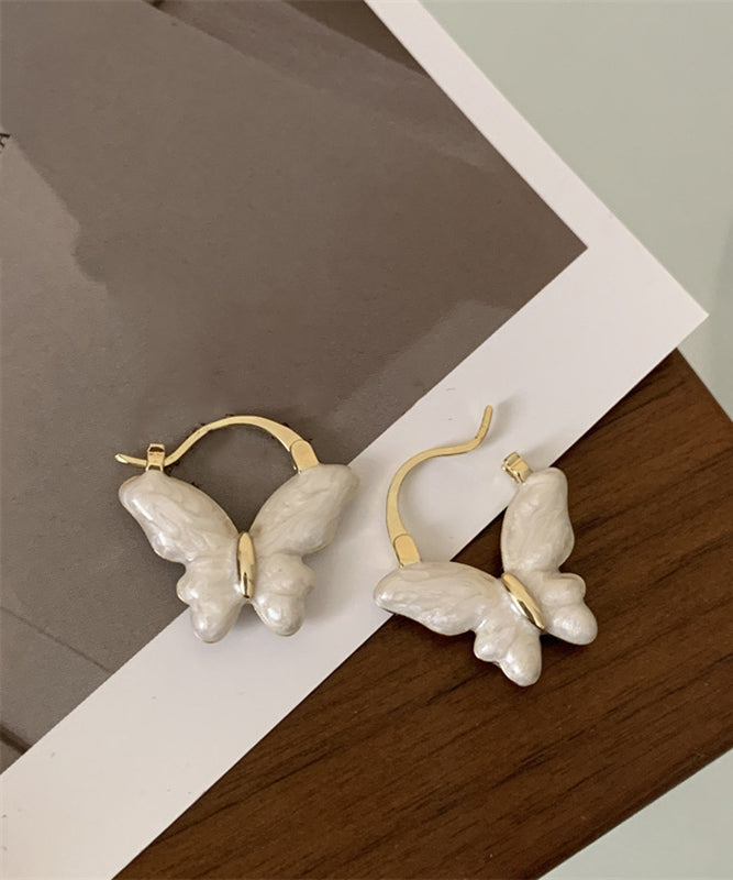 White Copper Overgild Drop Glaze Butterfly Hoop Earrings