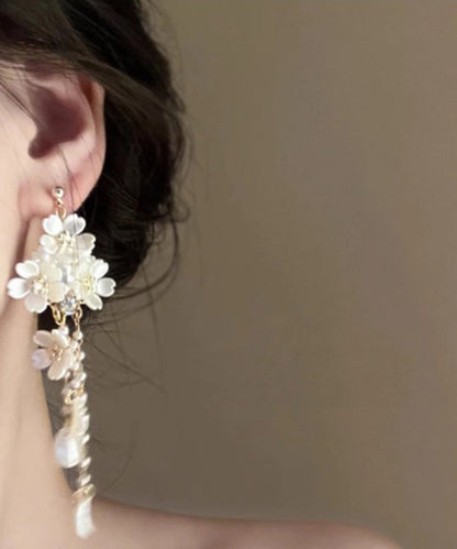 White Copper Overgild Pearl Tassel Drop Earrings