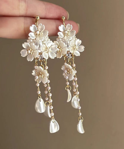 White Copper Overgild Pearl Tassel Drop Earrings