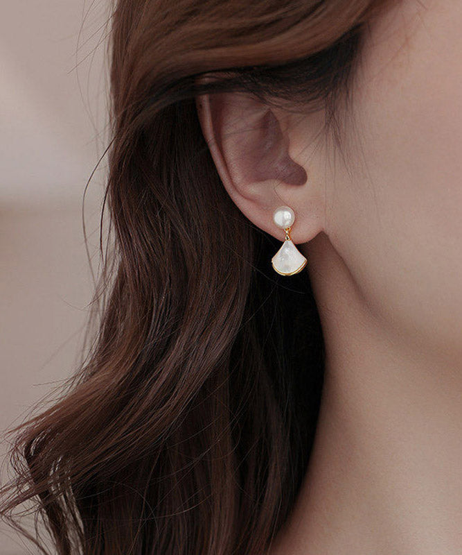 White Copper Overgild Pearl Shell Fan-shaped Stud Earrings