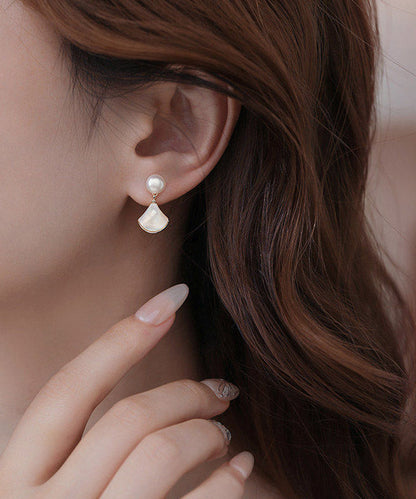 White Copper Overgild Pearl Shell Fan-shaped Stud Earrings