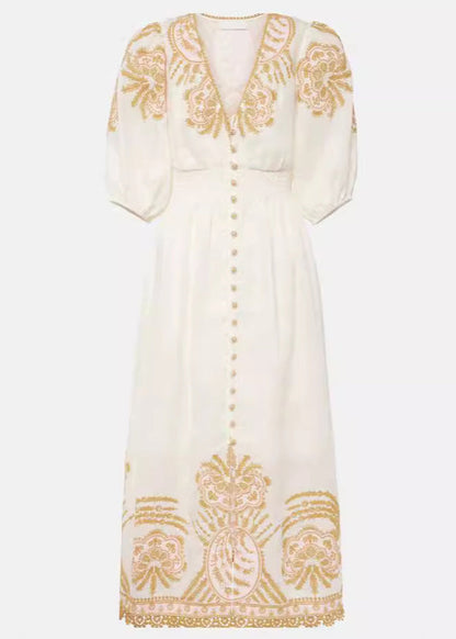 White Embroidered Button Cotton Long Dresses Summer Au1028
