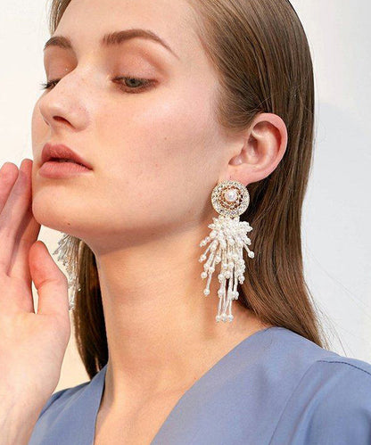 White Hollow Out Pearl Tassels Exaggeration Alloy Drop Earrings