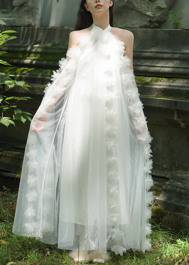 White Lace Up Tulle Maxi Dresses Summer Az1016