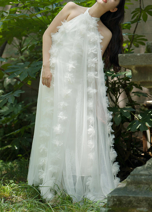 White Lace Up Tulle Maxi Dresses Summer Az1016