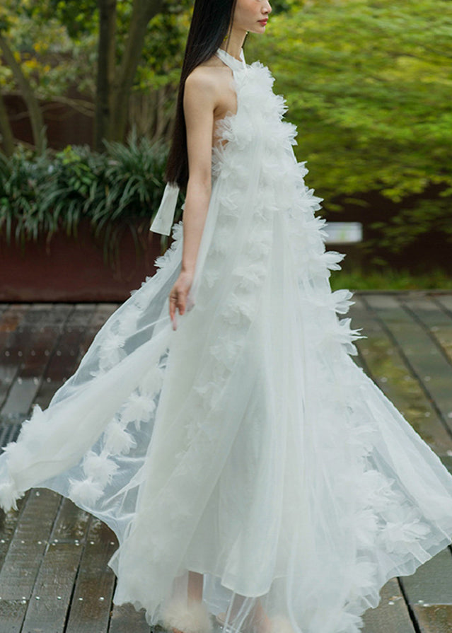 White Lace Up Tulle Maxi Dresses Summer Az1016