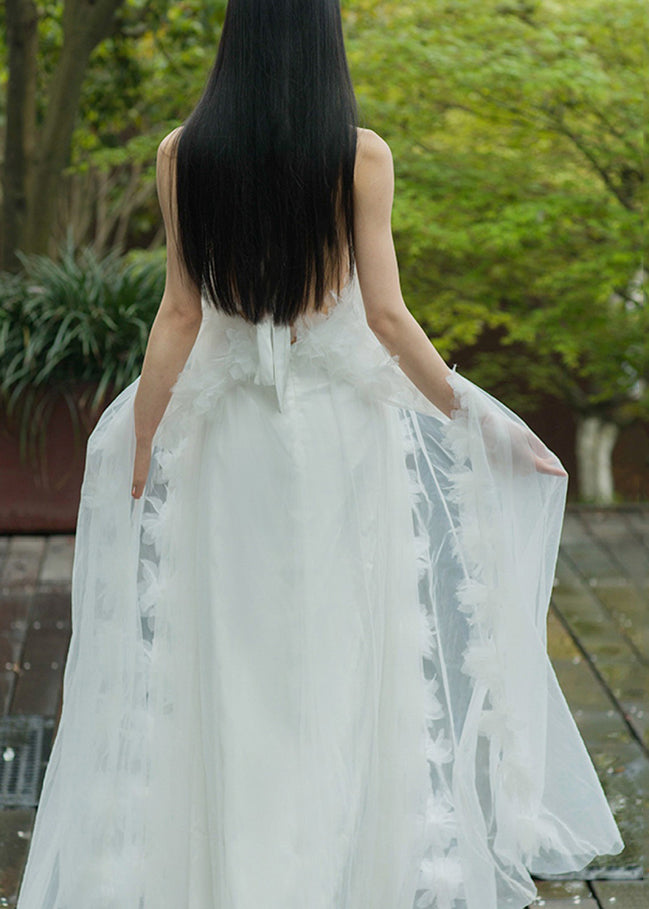 White Lace Up Tulle Maxi Dresses Summer Az1016