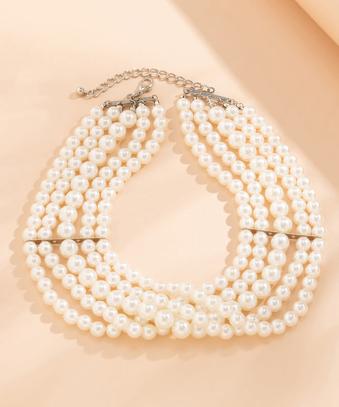 White Metal Multi Layer Pearl Necklace