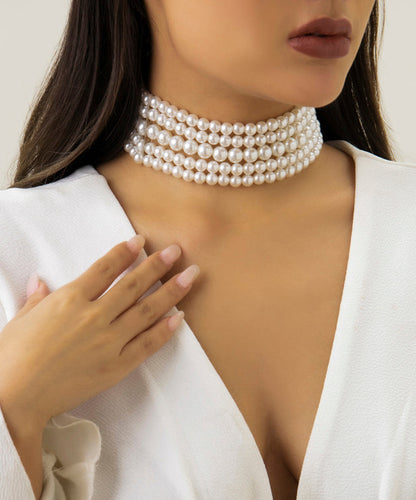 White Metal Multi Layer Pearl Necklace