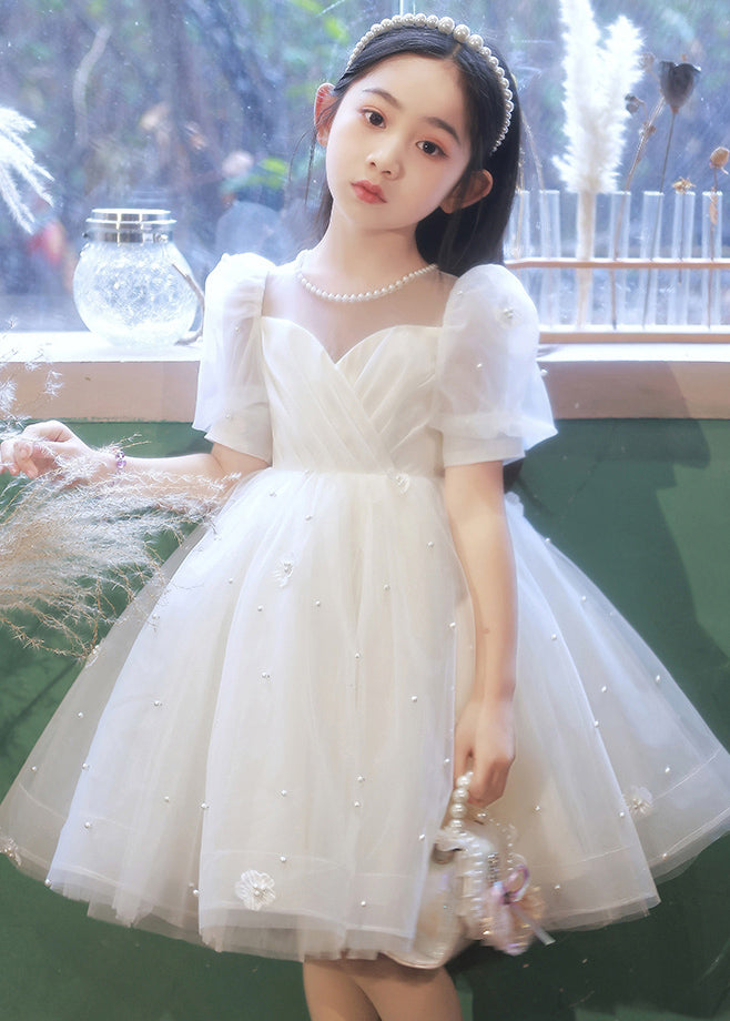 White Nail Bead Tulle Kids Long Dresses Summer Qv013
